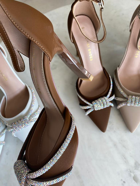 Rhinestone Embedded Pointy Ankle Strap Heels